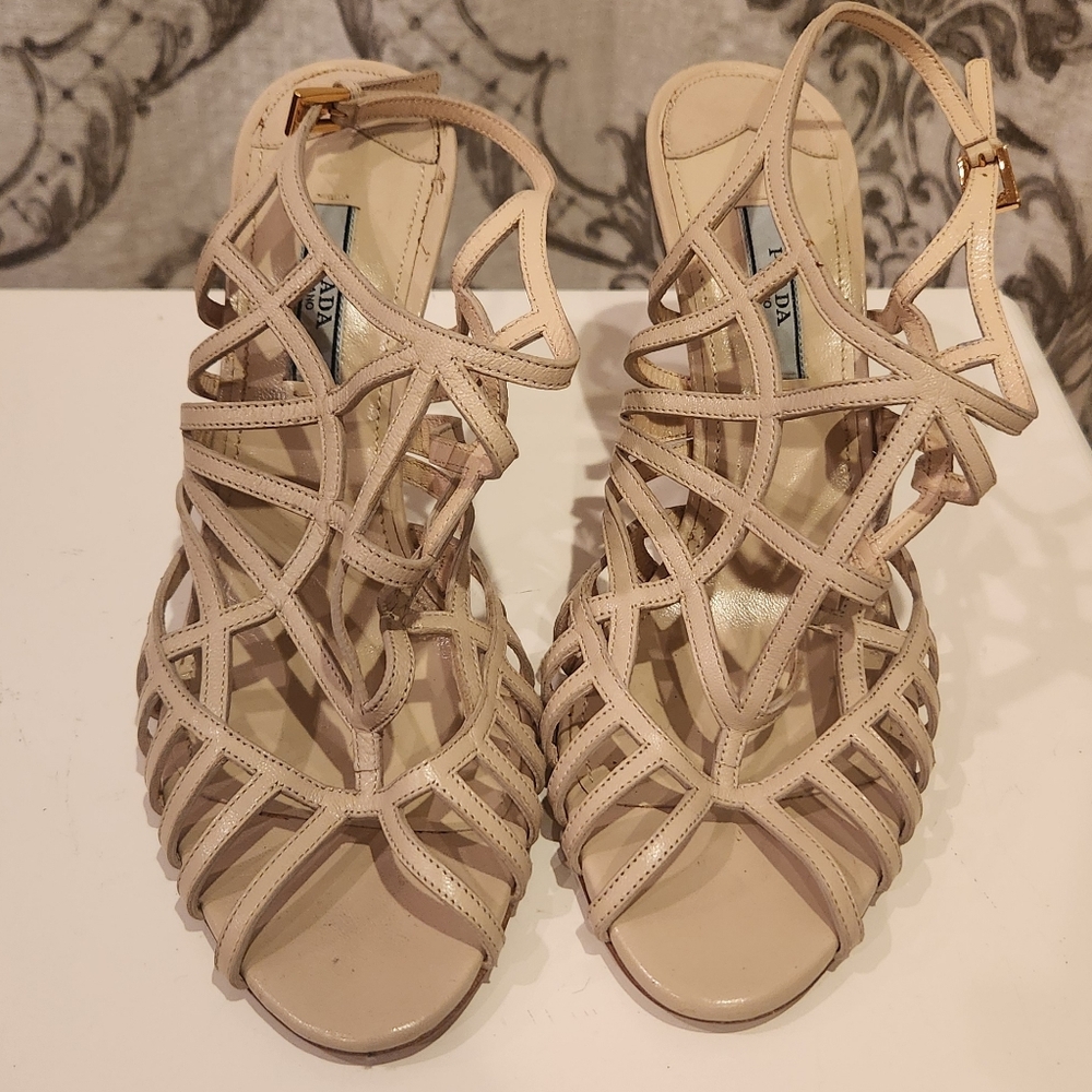 Prada Nude Strappy Leather Heeled Sandals